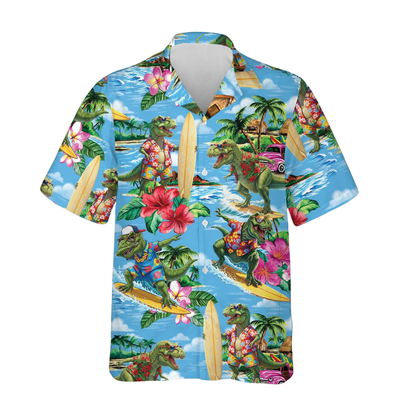 Funny Dinosaur Surfing Hawaiian Shirt For Men, Dinosaur Beach Hawaiian Shirt HE0614