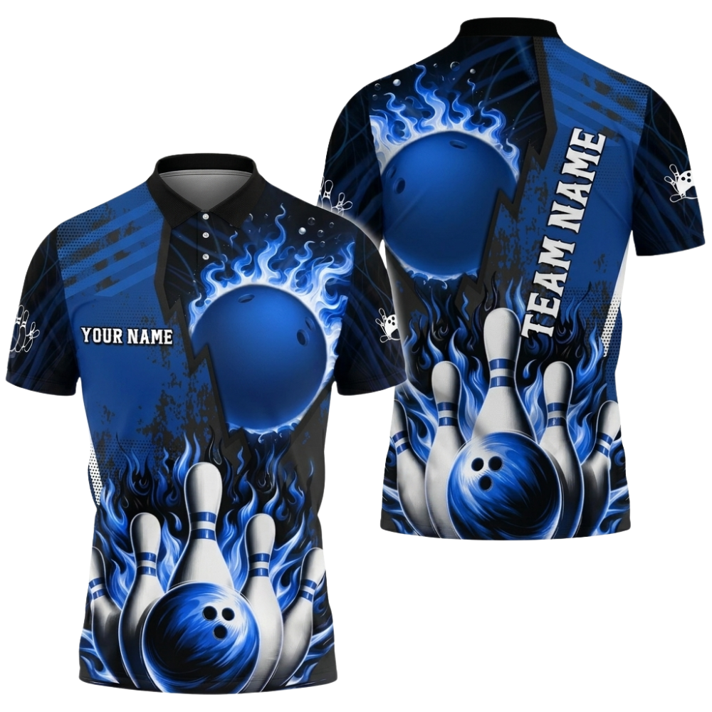 Custom Flame Ball Mens Bowling Polo Shirt, Custom Flame Bowling Shirt For Team BZ0812