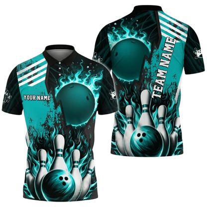 Custom Flame Ball Mens Bowling Polo Shirt, Custom Flame Bowling Shirt For Team BZ0812