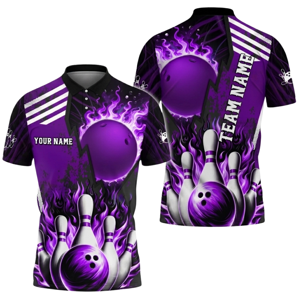 Custom Flame Ball Mens Bowling Polo Shirt, Custom Flame Bowling Shirt For Team BZ0812