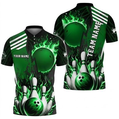 Custom Flame Ball Mens Bowling Polo Shirt, Custom Flame Bowling Shirt For Team BZ0812