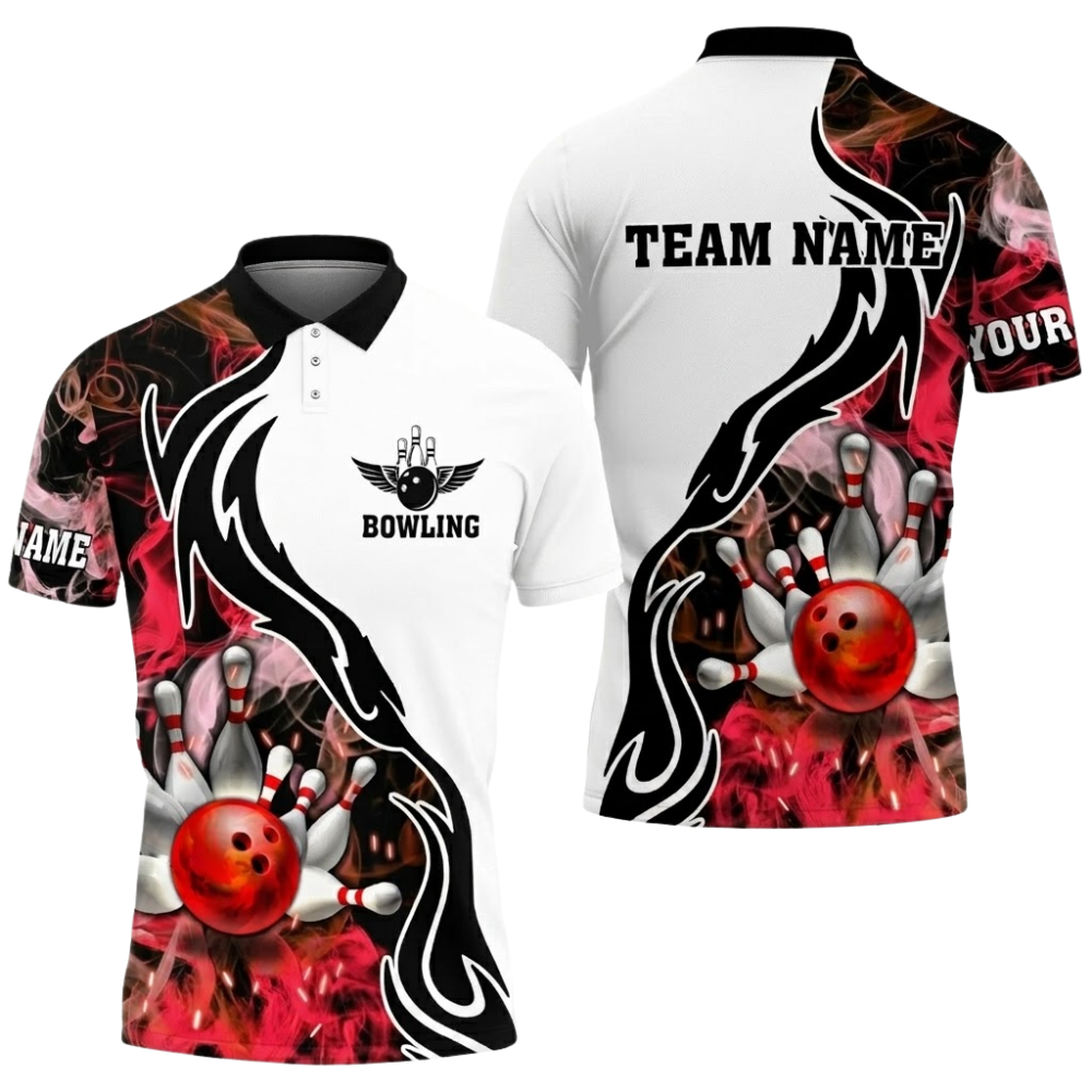 Red Flame Smoke Custom Mens Bowling Polo Shirt, Custom Flame Bowling Shirts For Team BZ0814
