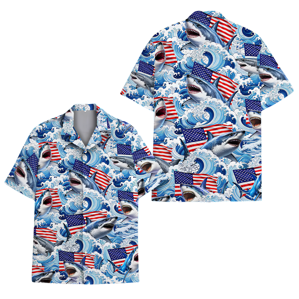 Shark American Flag Hawaiian Shirt For Men And Women, Shark Lover Hawaiian Shirt HE0636