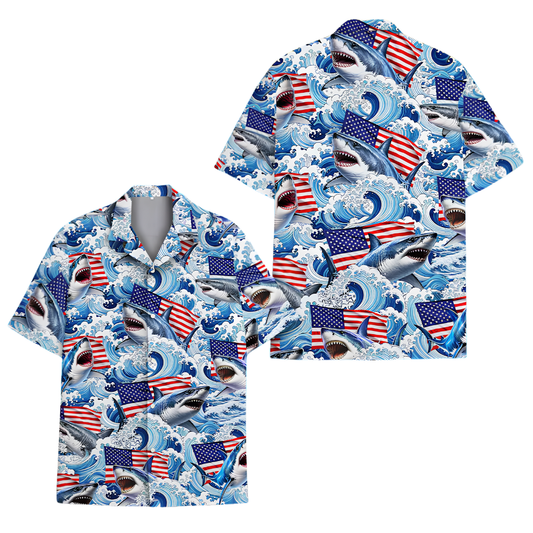 Shark American Flag Hawaiian Shirt For Men And Women, Shark Lover Hawaiian Shirt HE0636