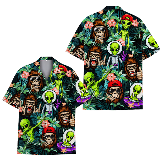 Funny Bigfoot Alien Tropical Mens Hawaiian Shirt, Sasquatch Alien Hawaiian Shirt HE0638