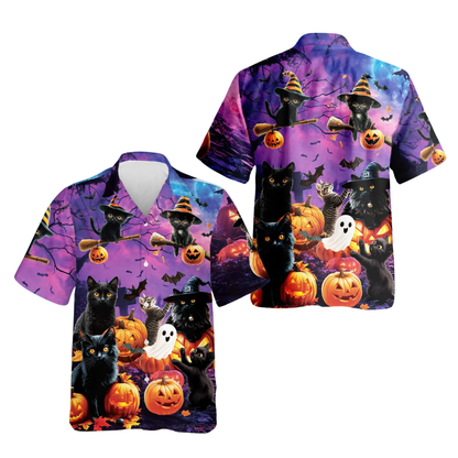 Black Cat Pumpkin Ghost Hawaiian Shirt Men Women, Halloween Cat Lover Hawaiian Shirts HE0641