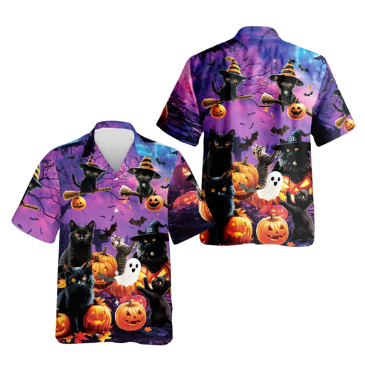 Black Cat Pumpkin Ghost Hawaiian Shirt Men Women, Halloween Cat Lover Hawaiian Shirts HE0641