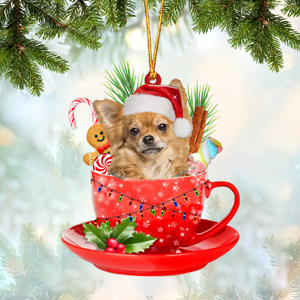 Long haired Tan Chihuahua In Cup Merry Christmas Ornament Flat Acrylic Dog Ornament OO1845