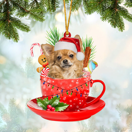 Long haired Tan Chihuahua In Cup Merry Christmas Ornament Flat Acrylic Dog Ornament OO1845