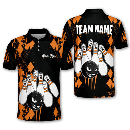 Custom Black And Orange  Angry Ball Screaming Pins Bowling Men Polo Shirts, Custom Funny Bowling Team Shirts BM0341