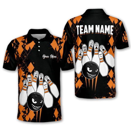 Custom Black And Orange  Angry Ball Screaming Pins Bowling Men Polo Shirts, Custom Funny Bowling Team Shirts BM0341