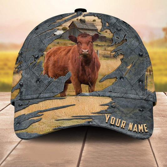 Red Angus Customized Name 3D Cap 3D All Over Print Baseball Cap, Cap For Farm Lovers, Animal Cap, Leather Pattern Cap CA3227