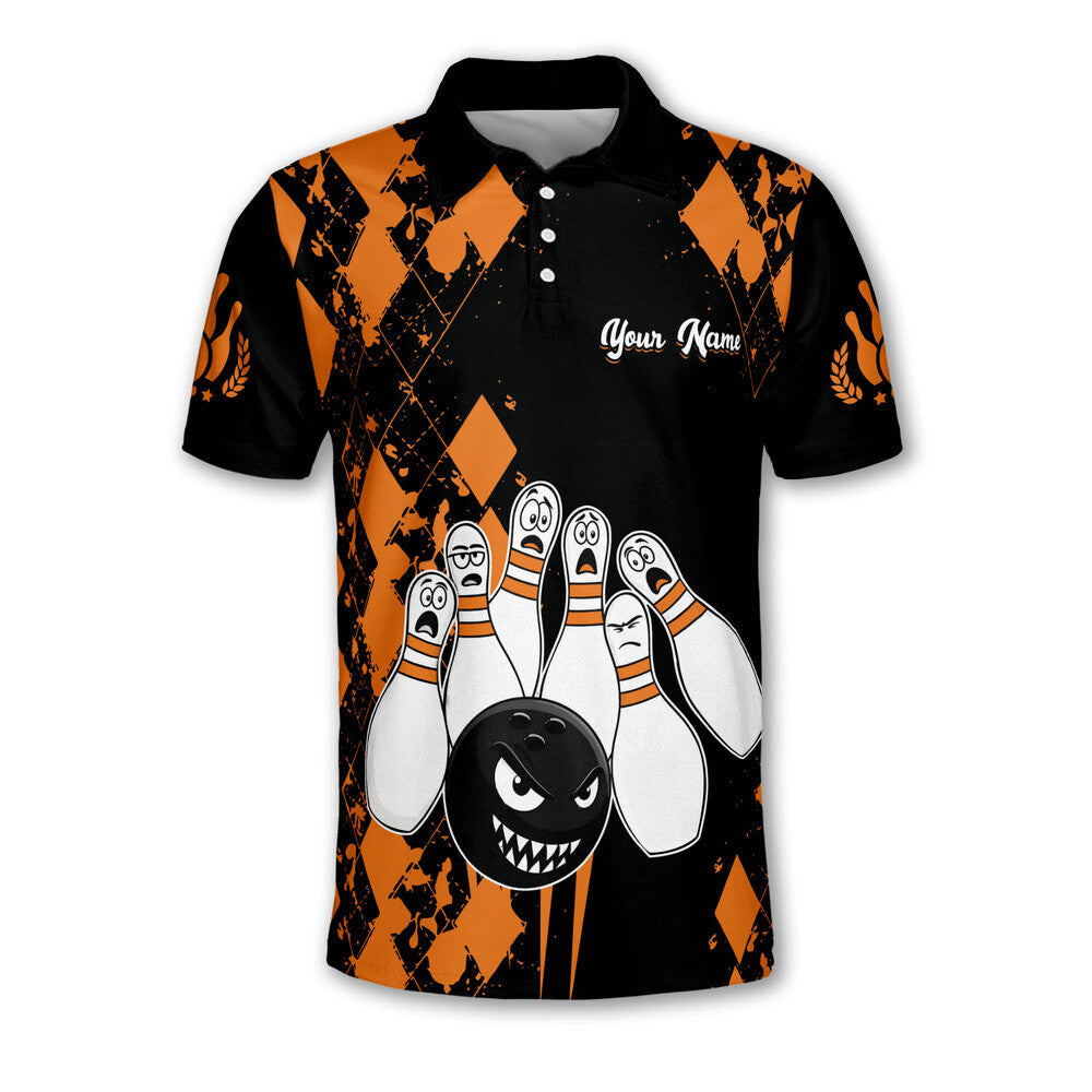 Custom Black And Orange  Angry Ball Screaming Pins Bowling Men Polo Shirts, Custom Funny Bowling Team Shirts BM0341