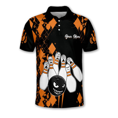 Custom Black And Orange  Angry Ball Screaming Pins Bowling Men Polo Shirts, Custom Funny Bowling Team Shirts BM0341