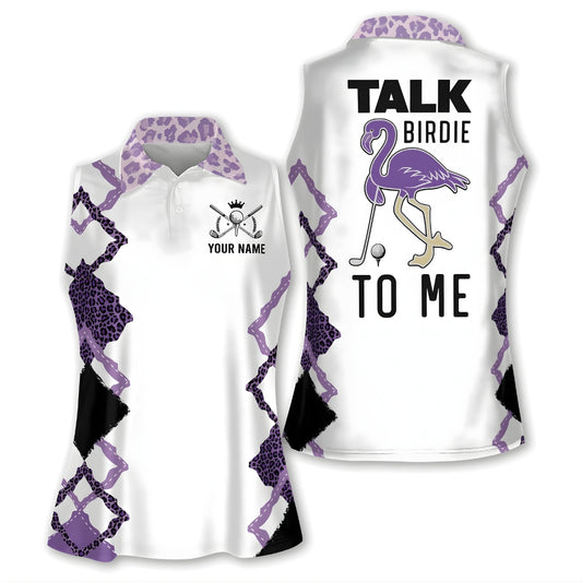 Funny purple leopard womens sleeveless polo shirts talk birdie to me custom purple flamingo golf shirt GY0256