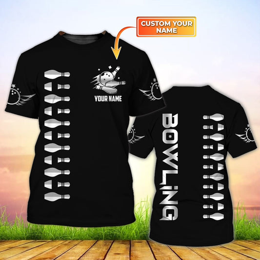 Custom 3D Black Bowling T Shirt, Bowling Shirts Custom, Bowling Shirt TO0750