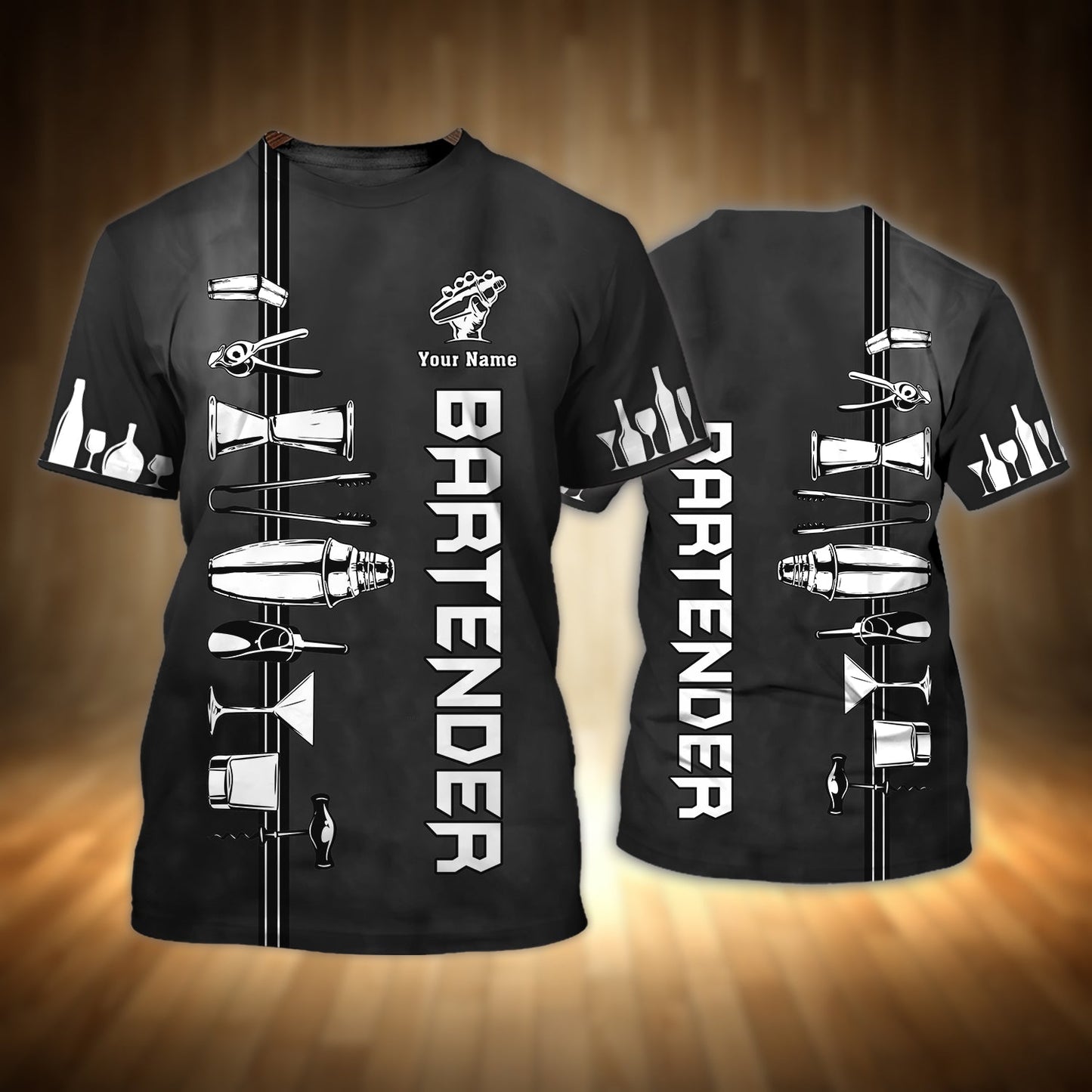 Black Bartender T Shirt, Personalized Name 3D Full Printed Bartender Shirts Short Sleeve TO0929