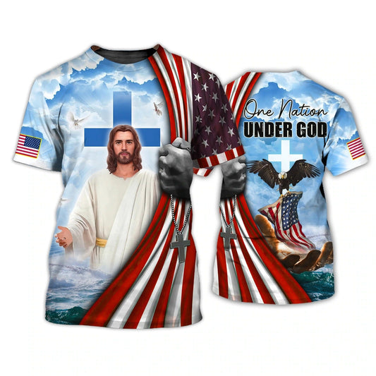 Jesus And Eagle 3D T Shirt, 4Th Of July Patriotic All Over Print Tshirt Hoodie, One Nation Under God Hawaiian Shirt TO0213