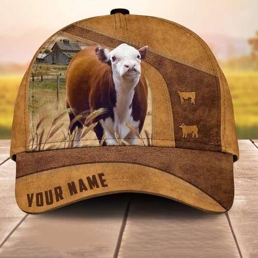 Custom Name Mini Hereford Cale 3D Cap 3D All Over Print Baseball Cap, Cap For Farm Lovers, Animal Cap, Leather Pattern Cap CA3045