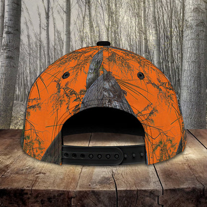 Lasfour 3D All Over Print Baseball Cap Custom Name Hunting Duck Dog On Orange Camo Pattern Cap CA0494