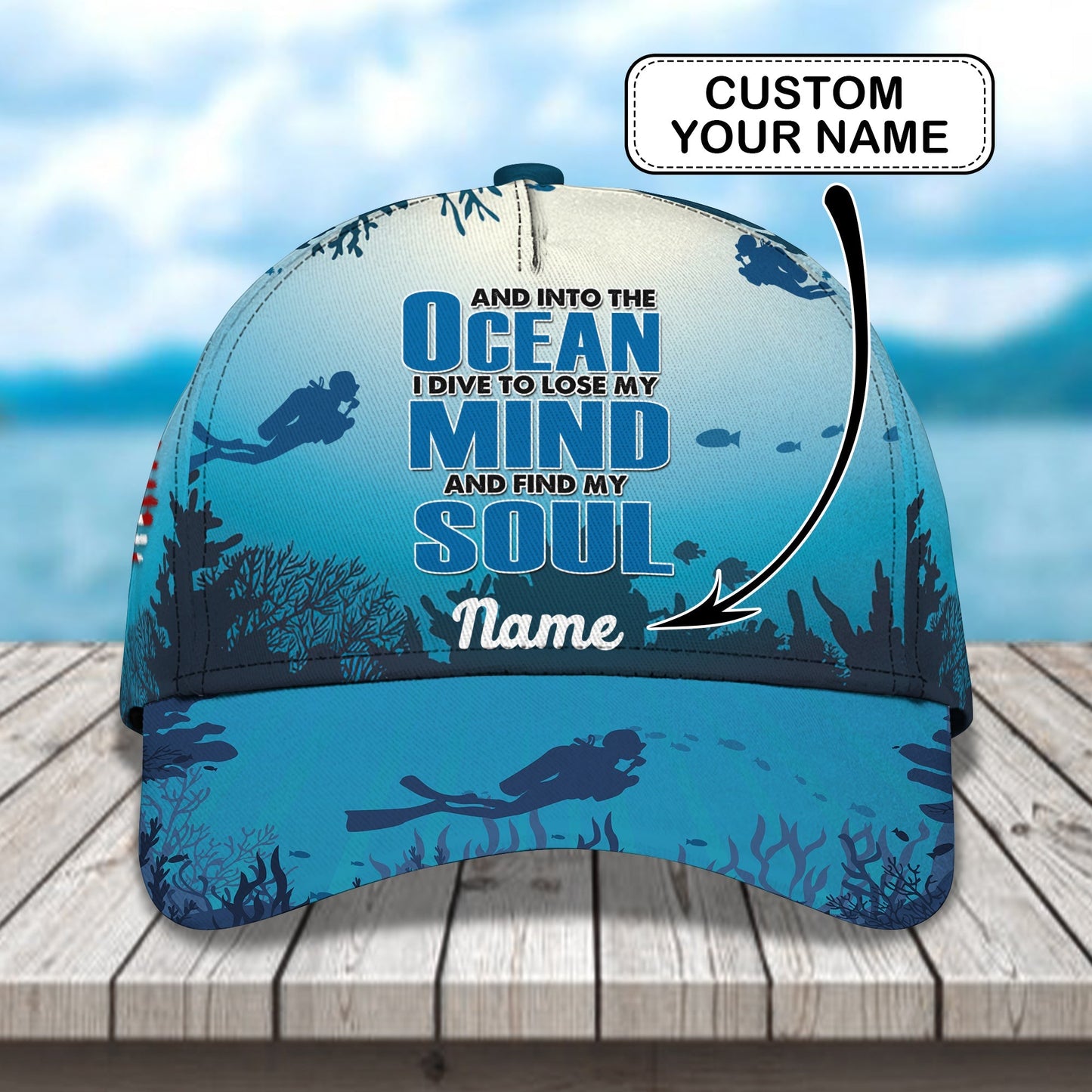 3D Classic Cap Into The Ocean Personalized Name Cap Lasfour CA0889