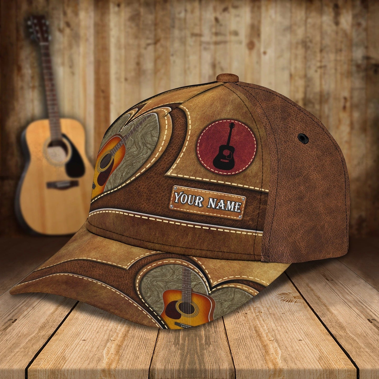 Baseball Guitar Cap Hat For Travel Summer, Guitar Cap Leather Brown Pattern, Best Gift To Guitarist CA2920