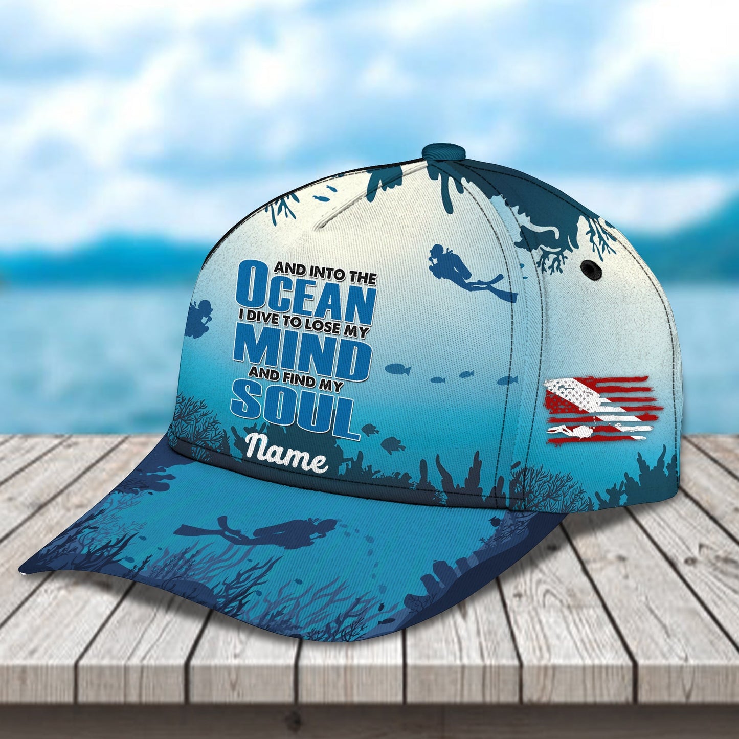 3D Classic Cap Into The Ocean Personalized Name Cap Lasfour CA0889