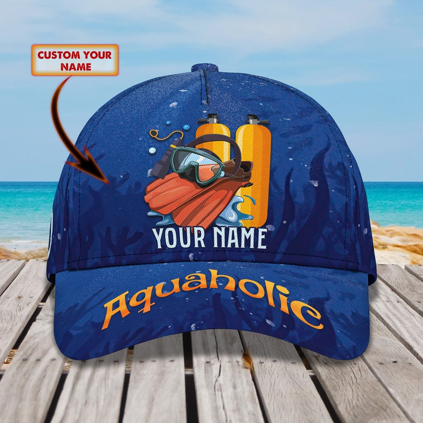 3D Classic Cap Scuba Diving Aquaholic Personalized Name Cap Lasfour CA2008