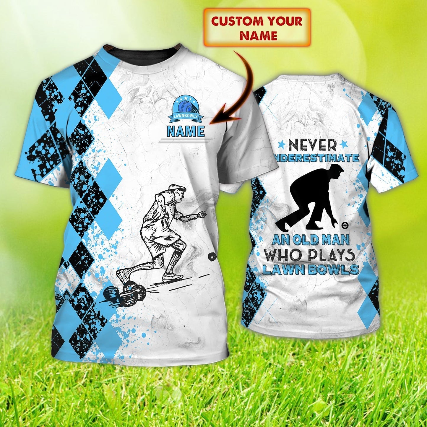 Custom Old Man Plays Lawn Bowls Light Blue 3D T Shirt Lawnbowl Team Player Uniform TO1249