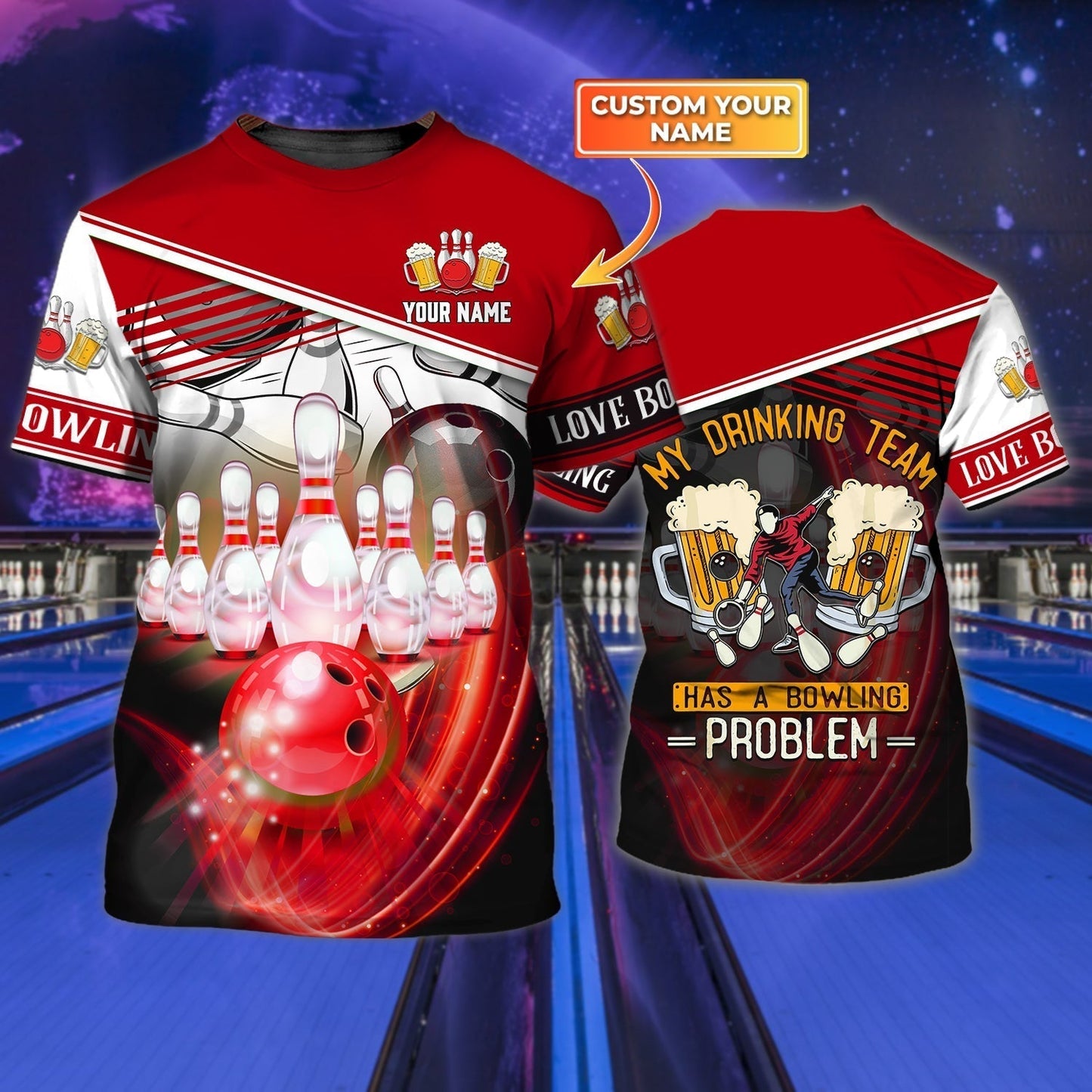 Customized 3D All Over Printed Red Bowling Tshirt, Bowling And Beer T Shirts, Love Bowling Shirts TO0764