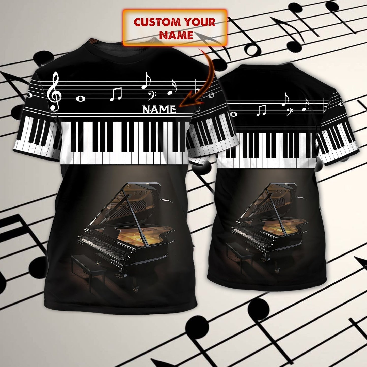 Personalized 3D All Over Print Piano Shirt With Black Piano Background, Gift For Piano Lovers TO0608