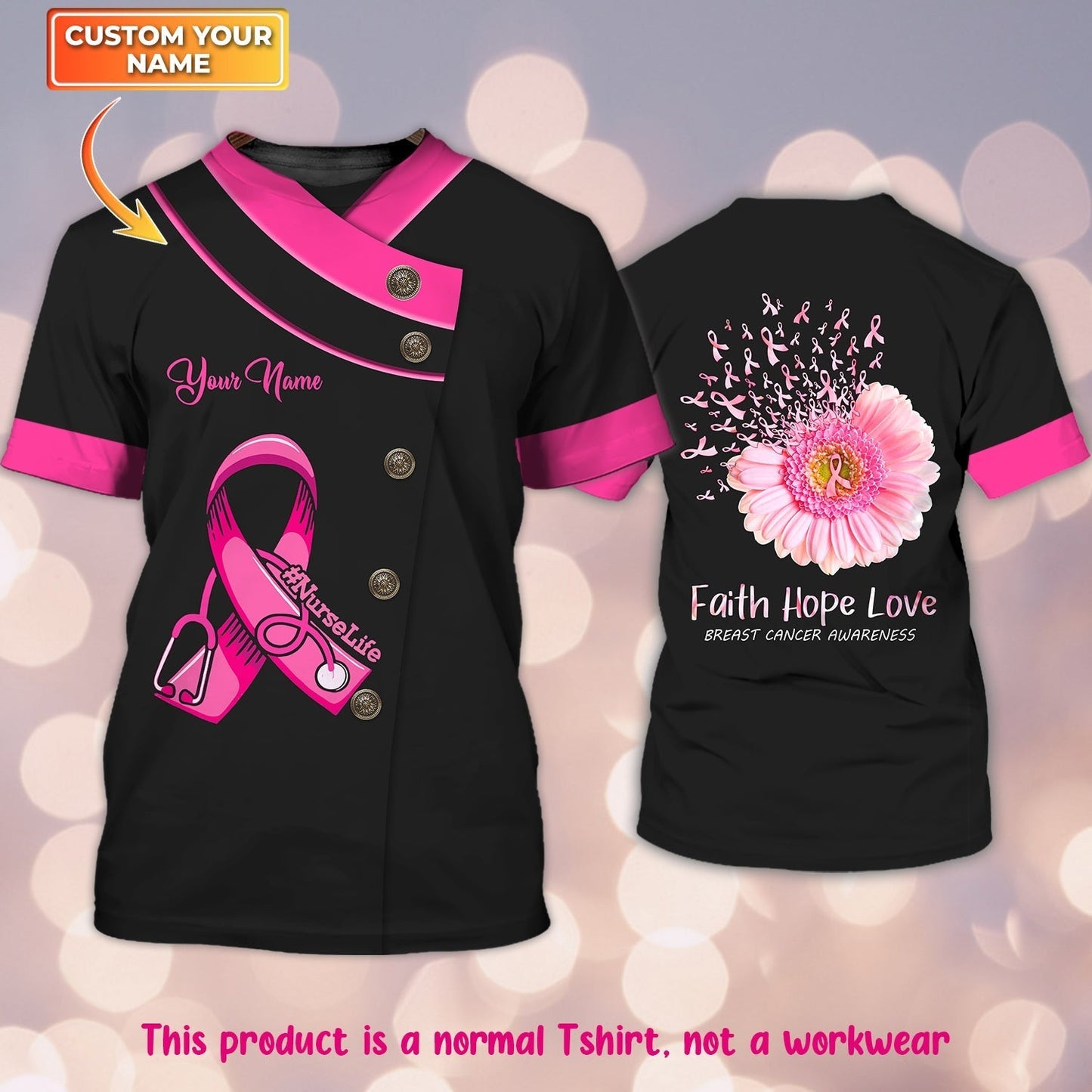 Nurselife Breast Cancer Awareness Custom Name 3D Tshirt Tad (Non Workwear) TO2404