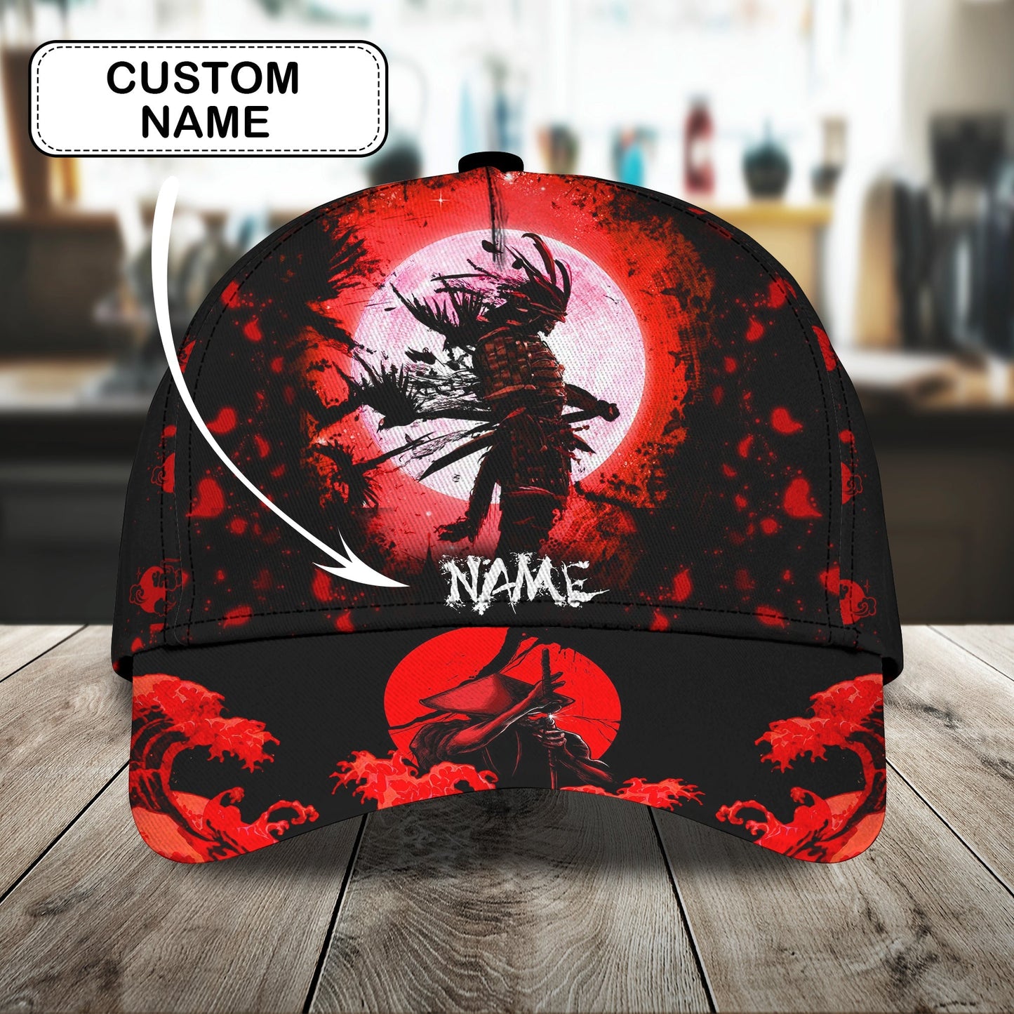 3D Classic Cap Red Moon Samurai Personalized Name Cap Lasfour CA2184