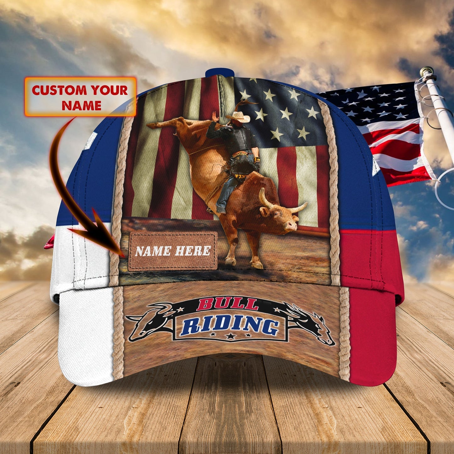 3D Classic Cap Bull Riding Texas Personalized Name Cap Lasfour CA1607