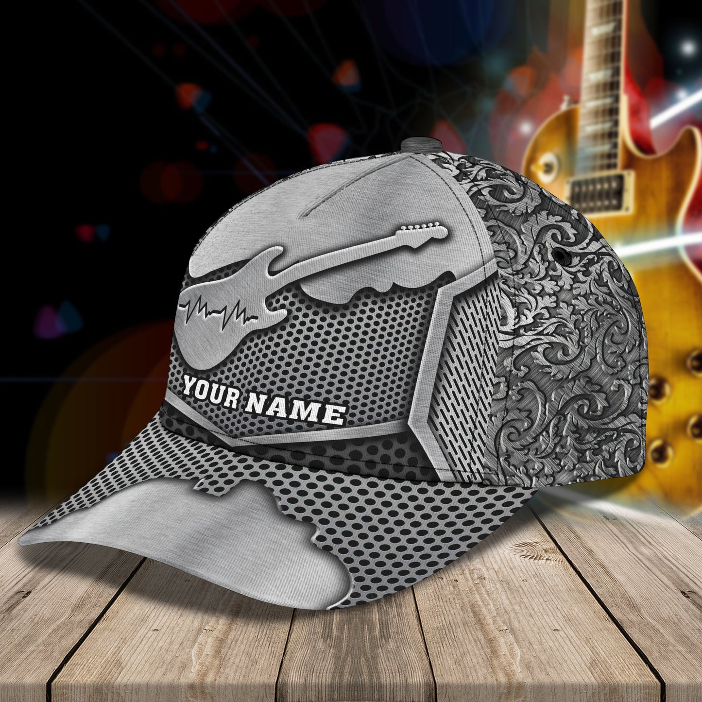 3D Classic Cap Guitar Personalized Name Cap Silver Lasfour CA0747