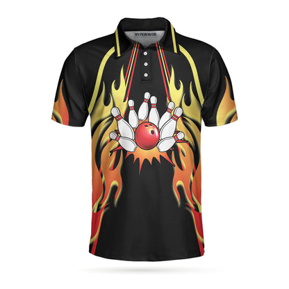 No Pin Left Behind Bowling Polo Shirt, Black Shirt With Flames, Polo Style Bowling Shirt For Men Lasfour SO0903