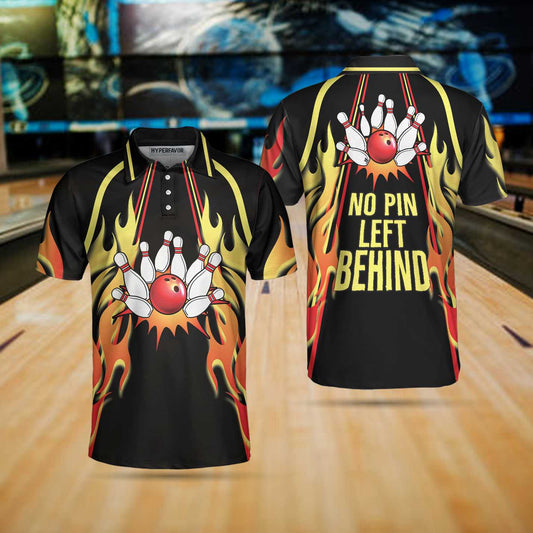 No Pin Left Behind Bowling Polo Shirt, Black Shirt With Flames, Polo Style Bowling Shirt For Men Lasfour SO0903