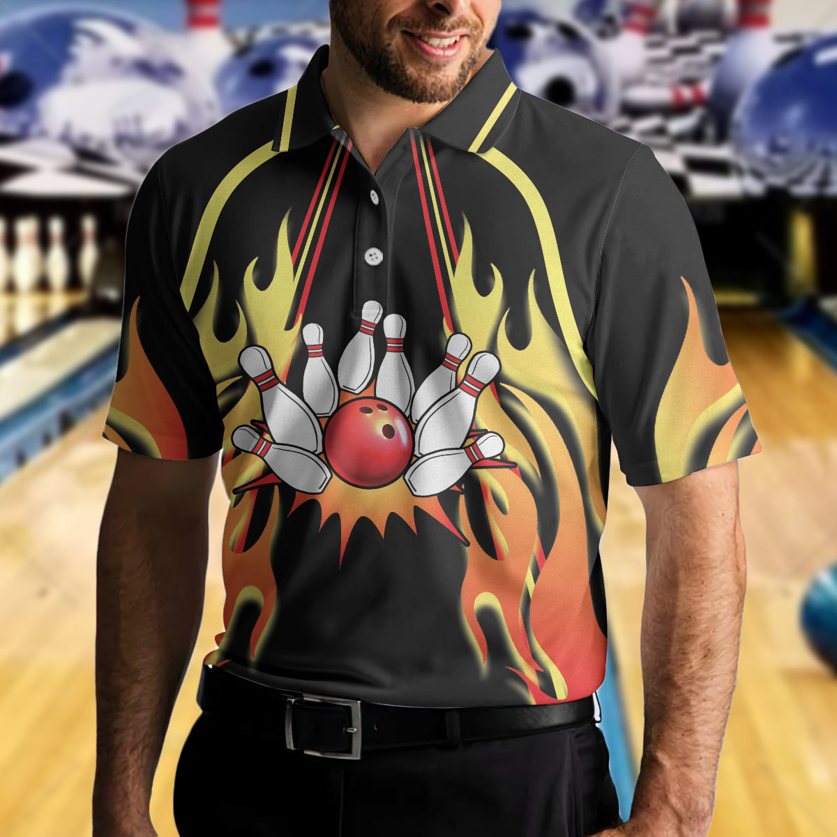 No Pin Left Behind Bowling Polo Shirt, Black Shirt With Flames, Polo Style Bowling Shirt For Men Lasfour SO0903