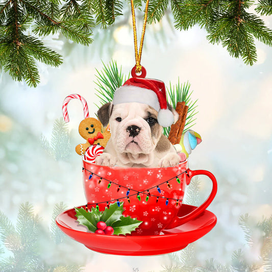 Old English Bulldog In Cup Merry Christmas Ornament Flat Acrylic Dog Ornament OO1877