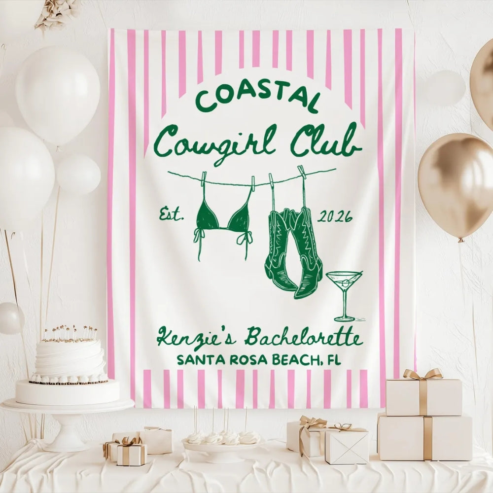 Coastal Cowgirl Club Personalized Bachelorette Banner, Custom Western Beach Bachelorette Party Banner WD0534