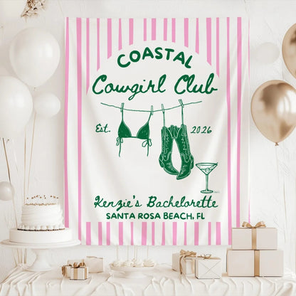 Coastal Cowgirl Club Personalized Bachelorette Banner, Custom Western Beach Bachelorette Party Banner WD0534