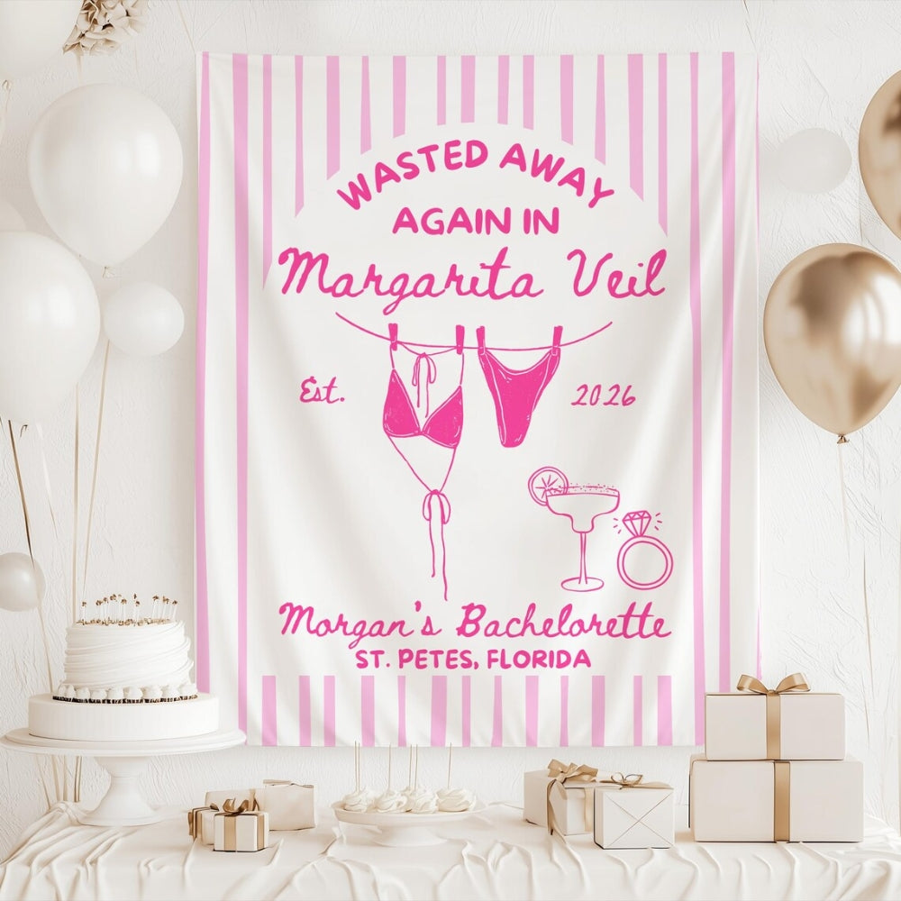 Wasted Away Again In Margarita Veil Personalized Cocktail Bachelorette Party Banner, Custom Bachelorette Banner WD0531