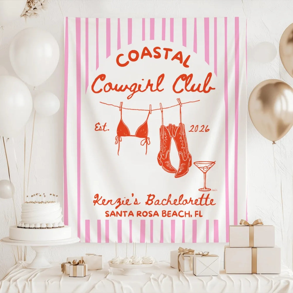 Coastal Cowgirl Club Personalized Bachelorette Banner, Custom Western Beach Bachelorette Party Banner WD0534