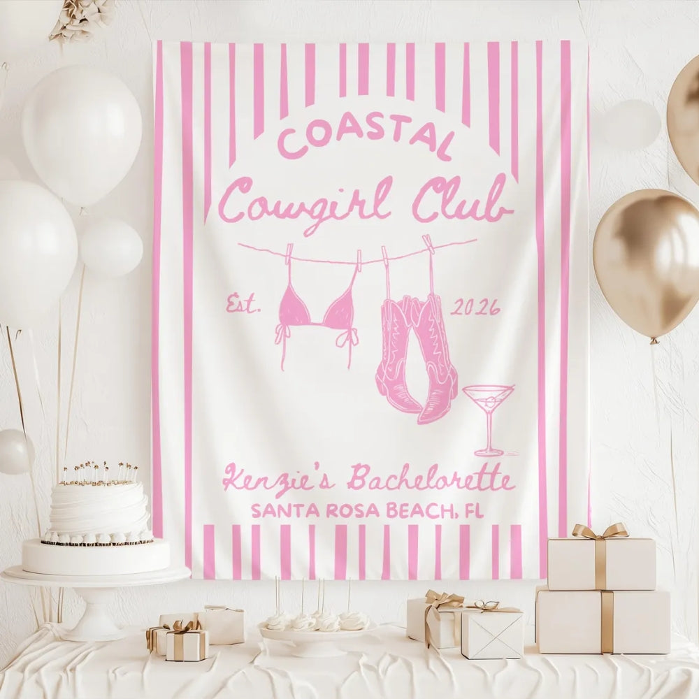 Coastal Cowgirl Club Personalized Bachelorette Banner, Custom Western Beach Bachelorette Party Banner WD0534