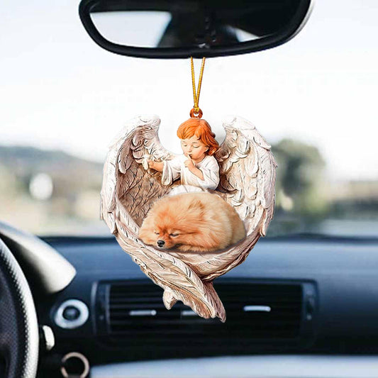 Sleeping Pomeranian Protected By Angel Acrylic Hanging Ornament For Car Home Décor OO1076