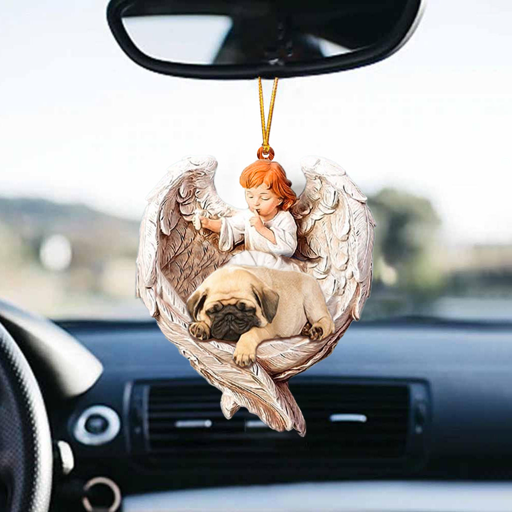 Cute Pug Sleeping Protected By Angel Auto Car Hanging Ornament OO1073