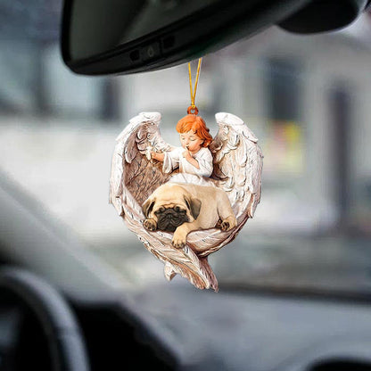 Cute Pug Sleeping Protected By Angel Auto Car Hanging Ornament OO1073