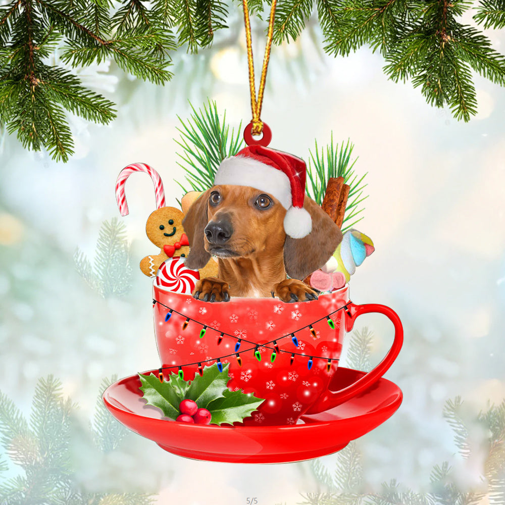 RED Dachshund In Cup Merry Christmas Ornament Flat Acrylic Dog Ornament OO1891