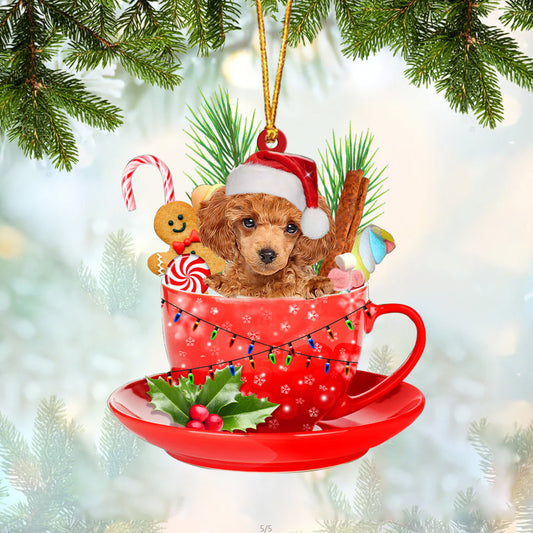 RED Toy Poodle In Cup Merry Christmas Ornament Flat Acrylic Dog Ornament OO1880