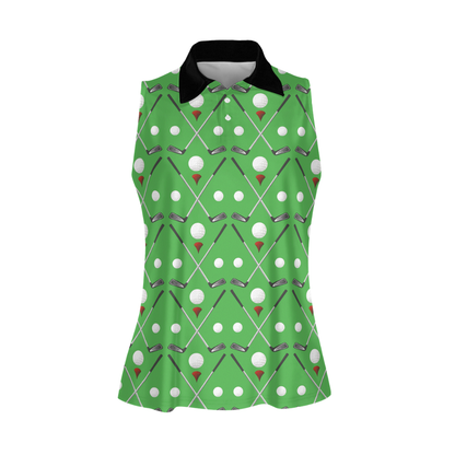 Green Golf Sleeveless Polo Shirt, Women's Sleeveless Polo Shirts Quick Dry Golf Shirt SO0674